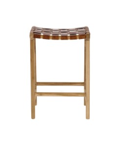 Taburete de piel y madera maciza de teca con acabado natural 2