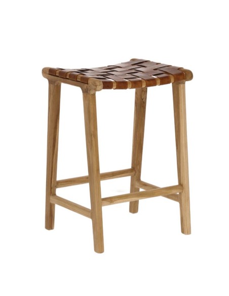 Taburete de piel y madera maciza de teca con acabado natural